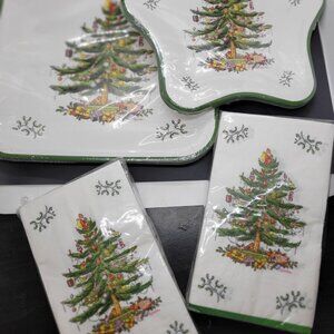 HUGE Spode Paper Plate Set Lot New Christmas Tree Dinner Dessert Napkins Holiday